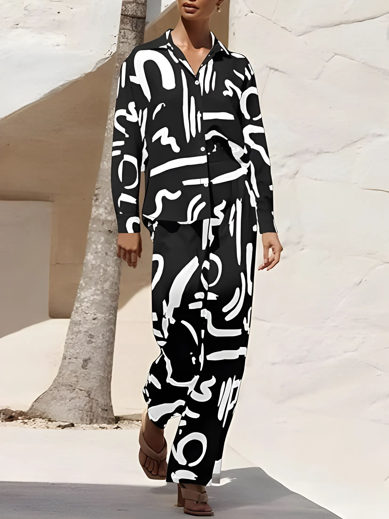 Black and White Irregular Stripes Two Piece Set