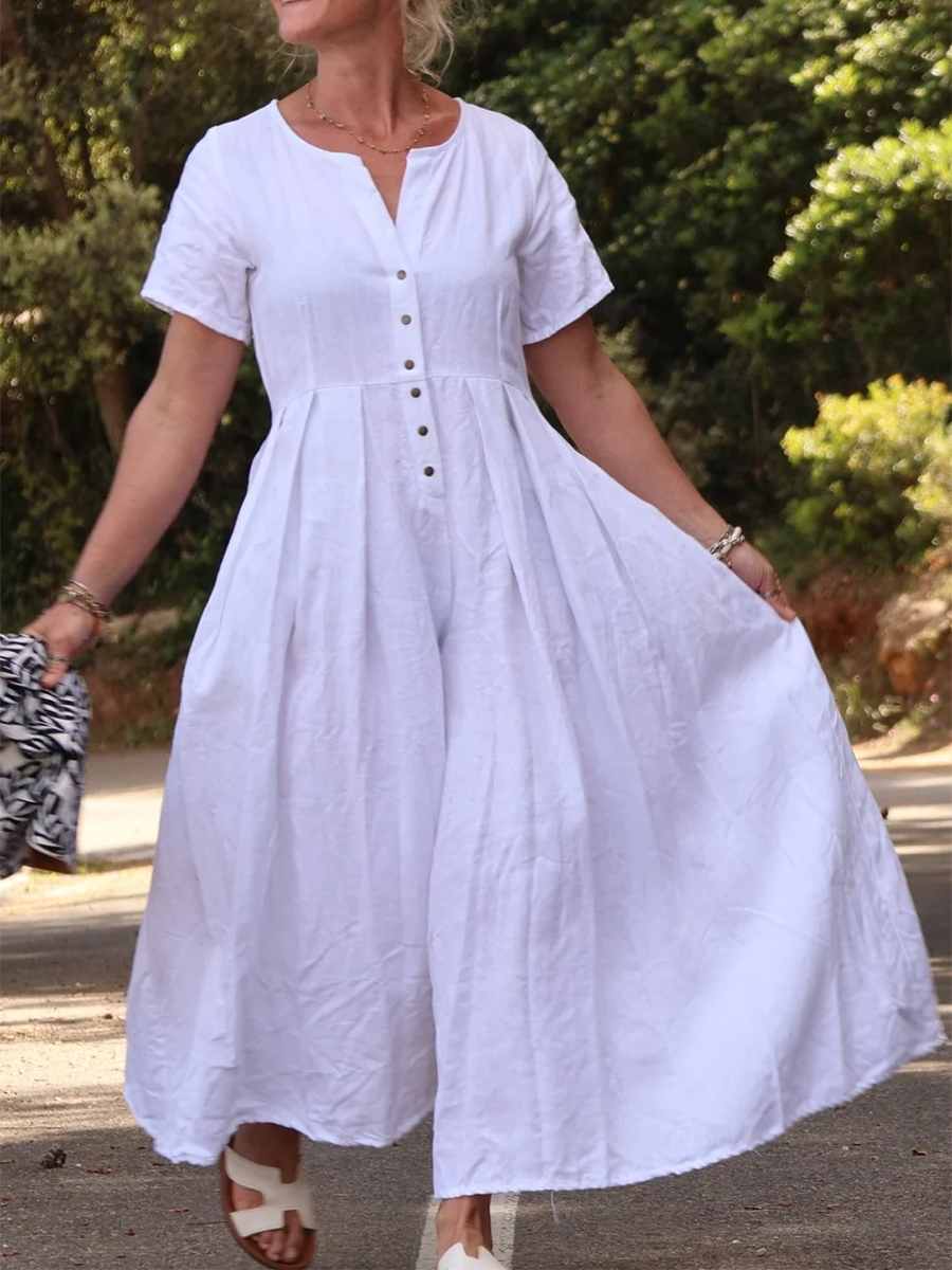 Wide-pleated Button-down Cotton and Linen Jumpsuit