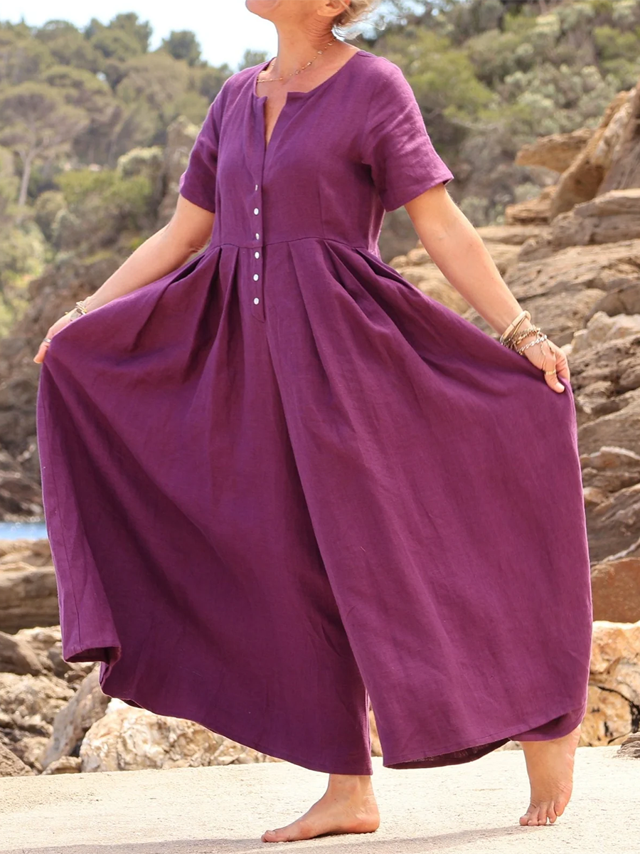 Wide-pleated Button-down Cotton and Linen Jumpsuit