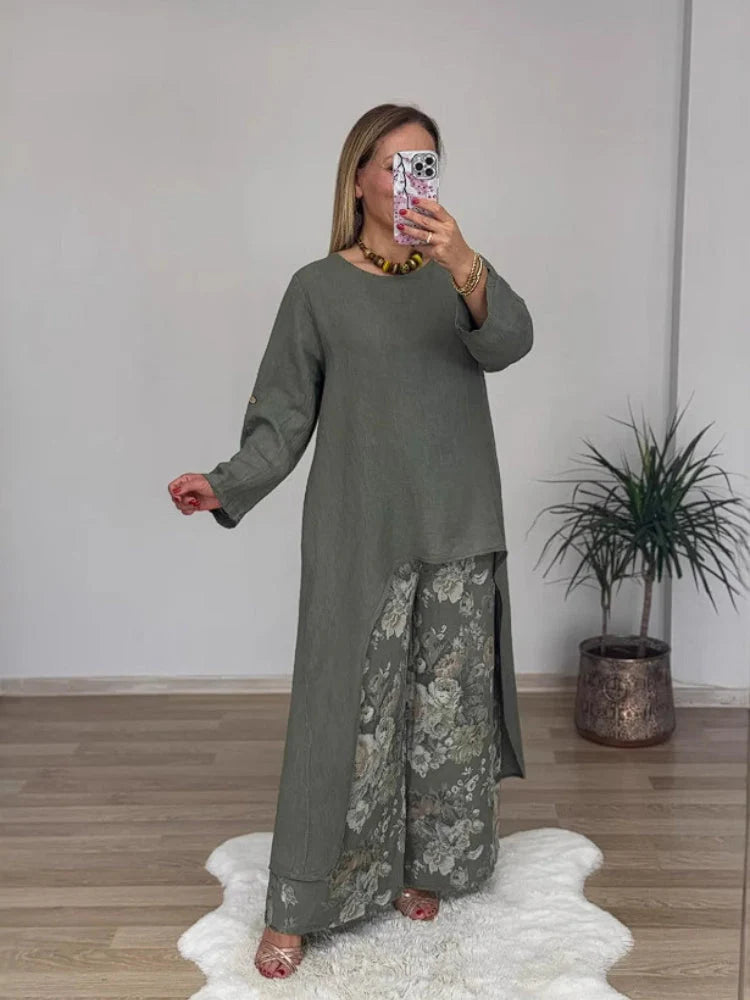 Long-sleeved Top And Printed Pants Set