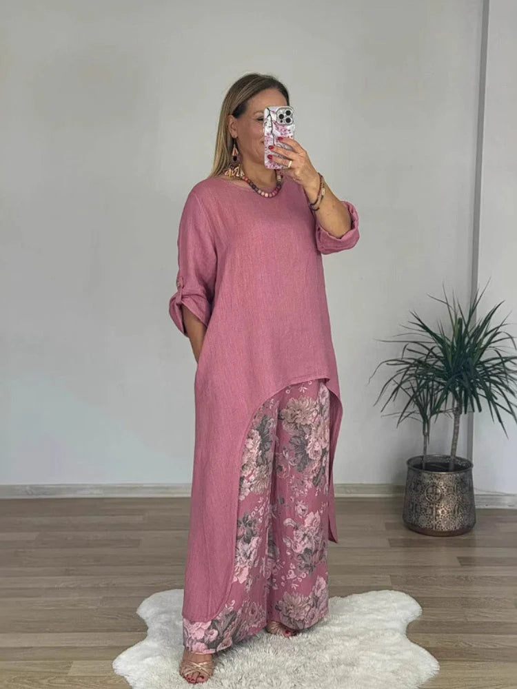 Long-sleeved Top And Printed Pants Set