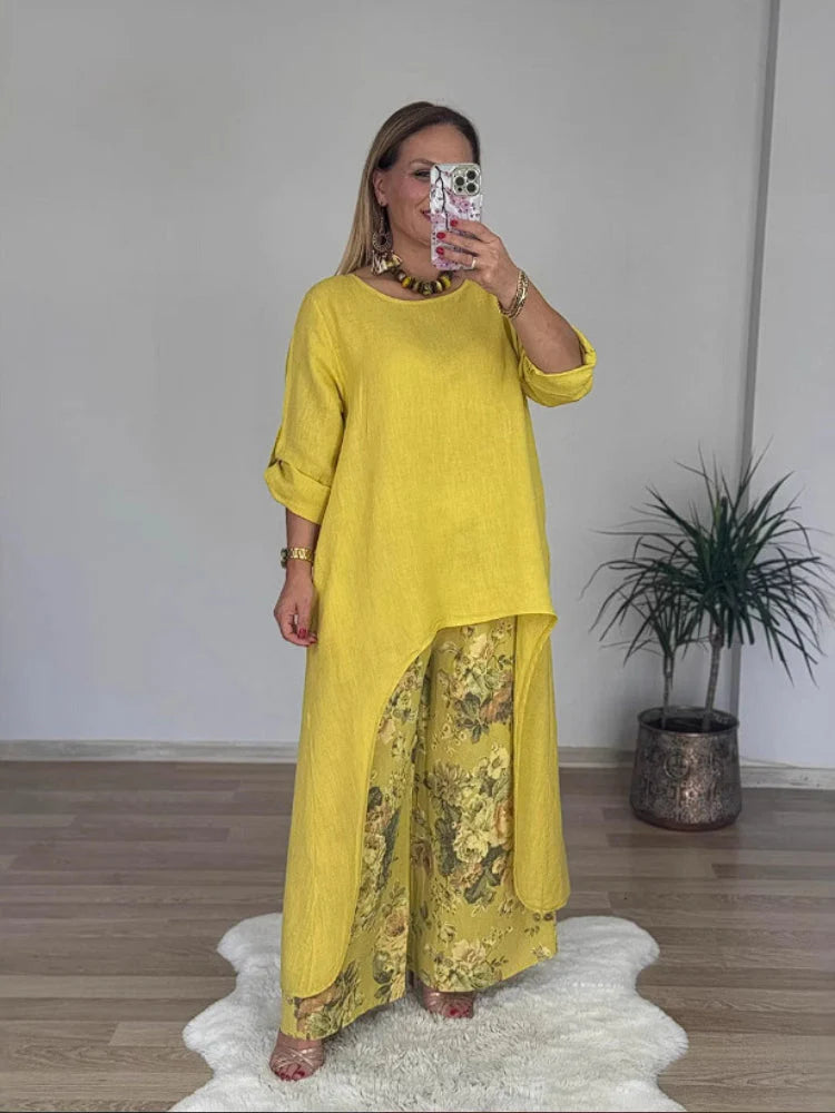 Long-sleeved Top And Printed Pants Set
