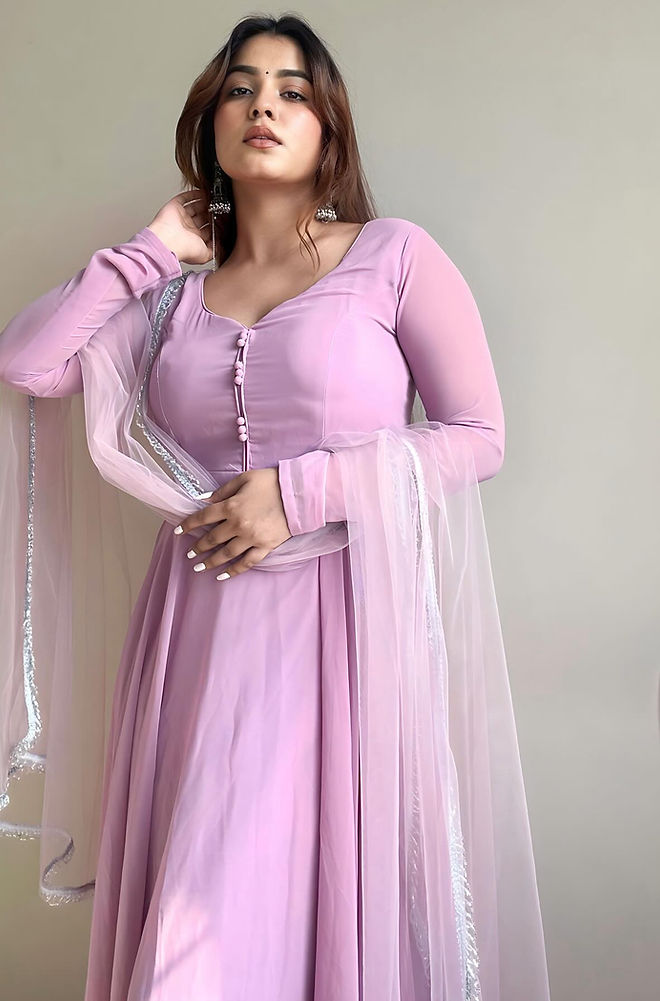 Kanak Mishra in Onion Colour Anarkali Three Piece Suit