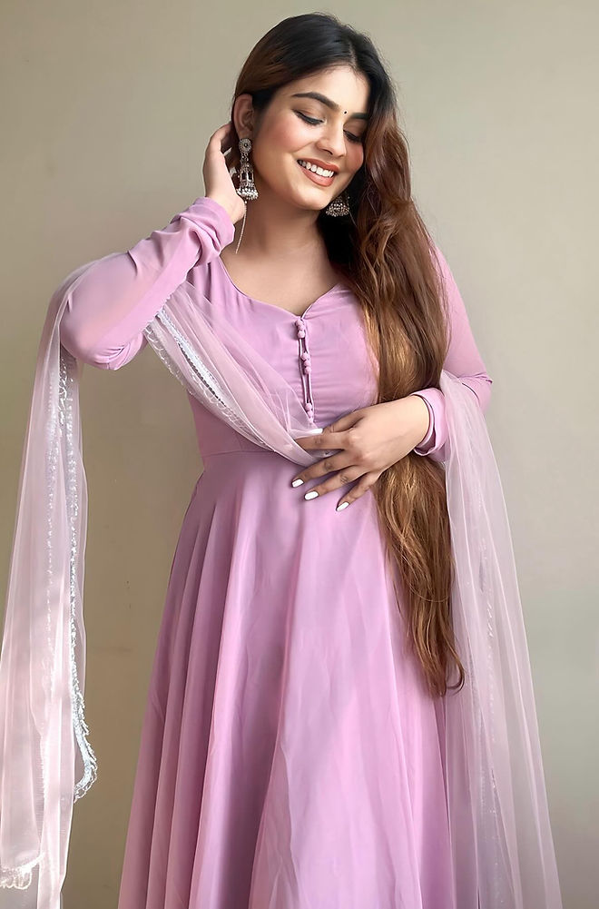 Kanak Mishra in Onion Colour Anarkali Three Piece Suit