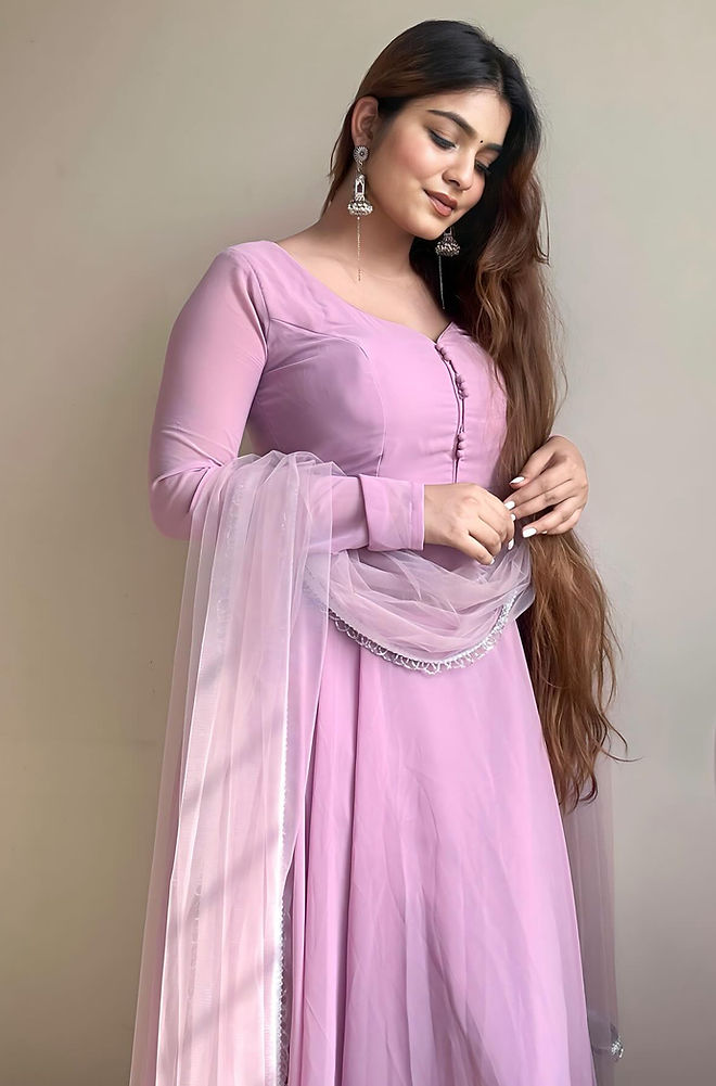Kanak Mishra in Onion Colour Anarkali Three Piece Suit