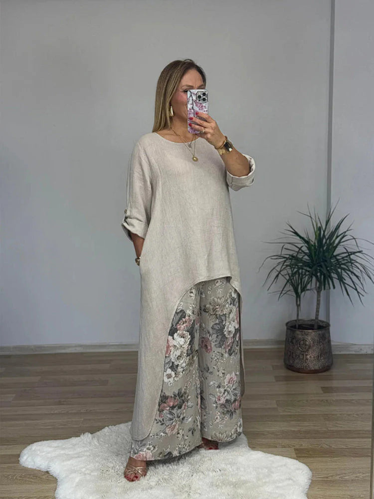 Long-sleeved Top And Printed Pants Set