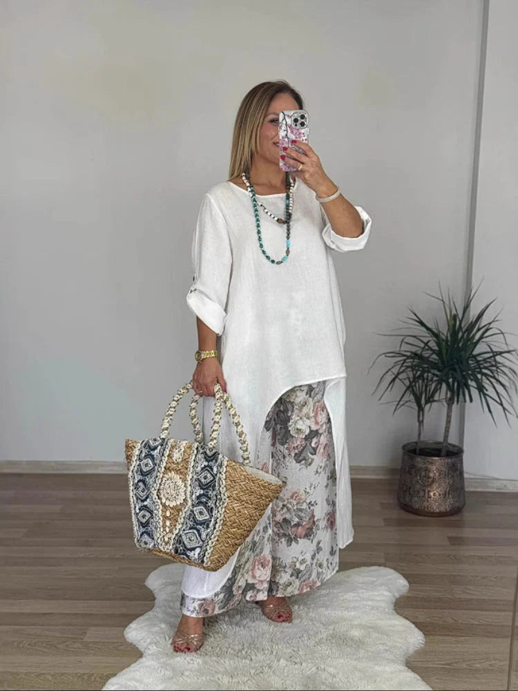 Long-sleeved Top And Printed Pants Set