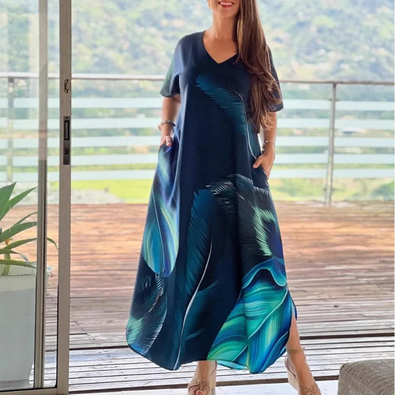 Women's Loose Casual V-neck Printed Short Sleeve Dresses