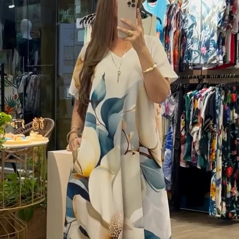 Women's Loose Casual V-neck Printed Short Sleeve Dresses