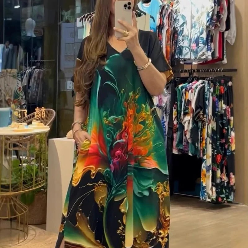 Women's Loose Casual V-neck Printed Short Sleeve Dresses