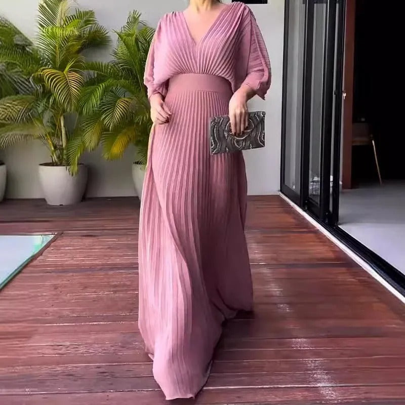 Pleated Sleeve Waist-Cinching Dress