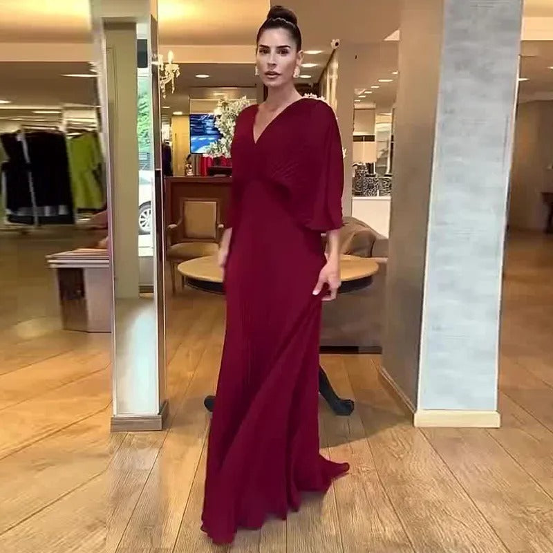 Pleated Sleeve Waist-Cinching Dress