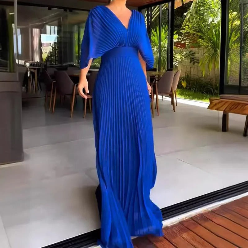 Pleated Sleeve Waist-Cinching Dress