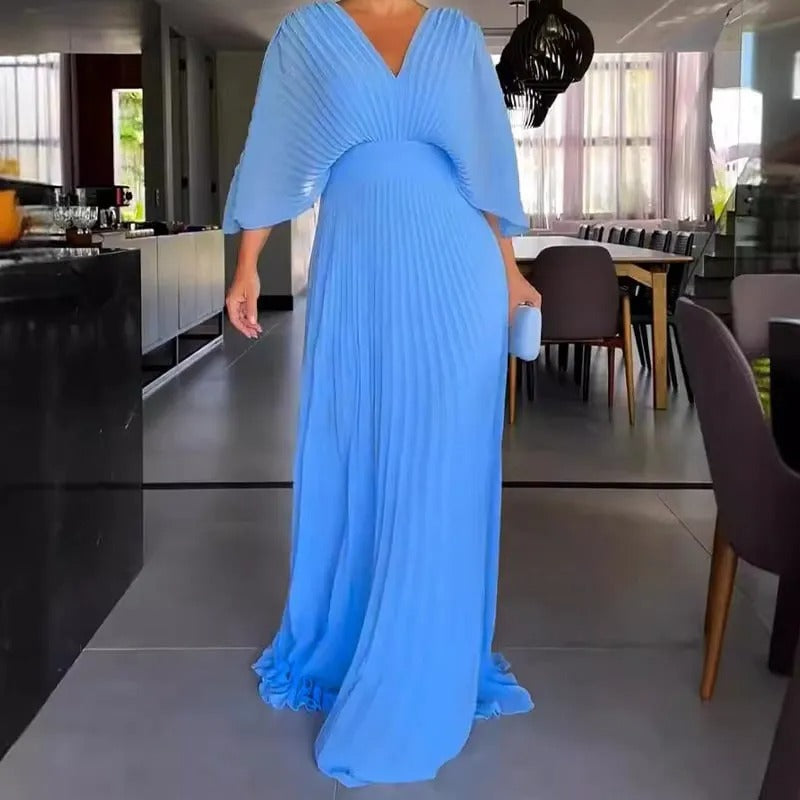 Pleated Sleeve Waist-Cinching Dress