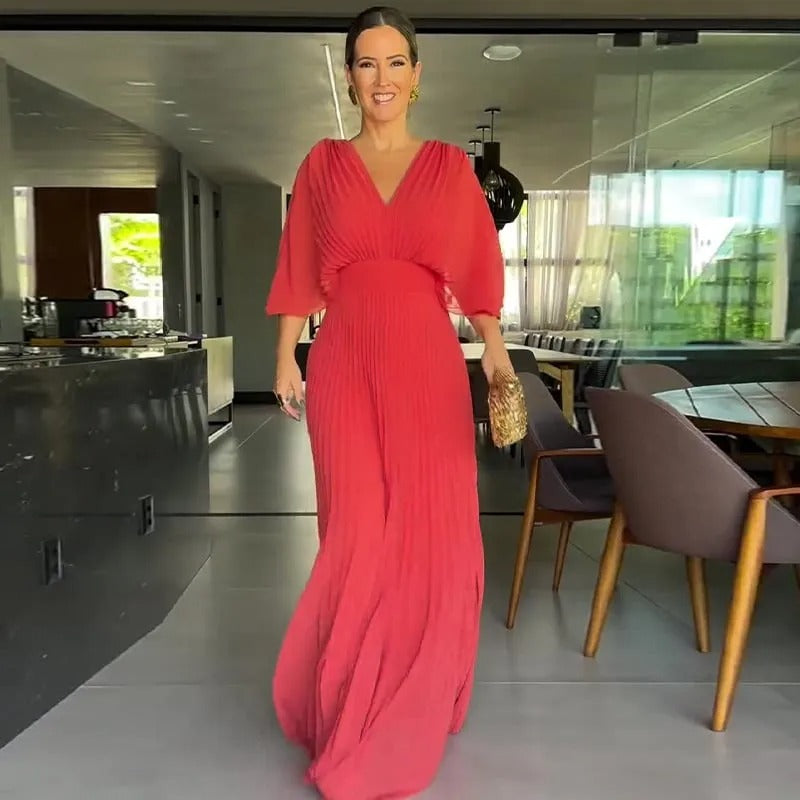 Pleated Sleeve Waist-Cinching Dress