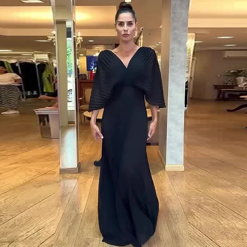 Pleated Sleeve Waist-Cinching Dress