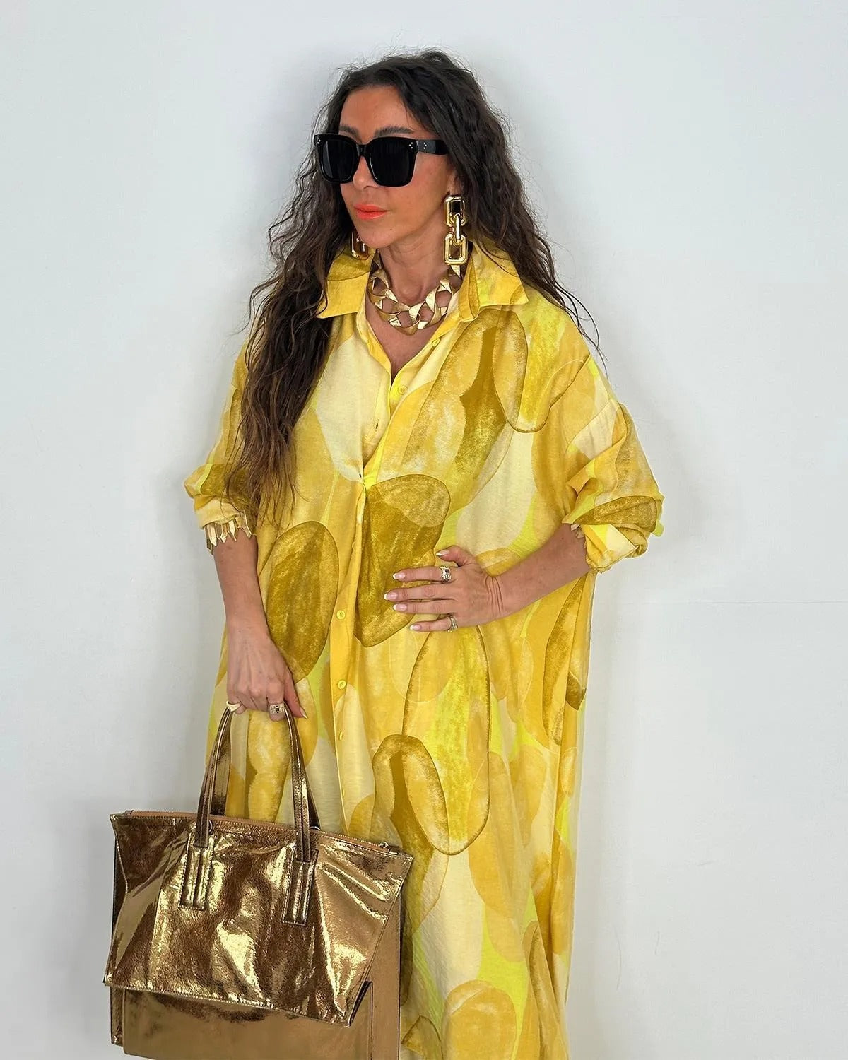Elegant Print Button Longline Top Wide Leg Pants Set