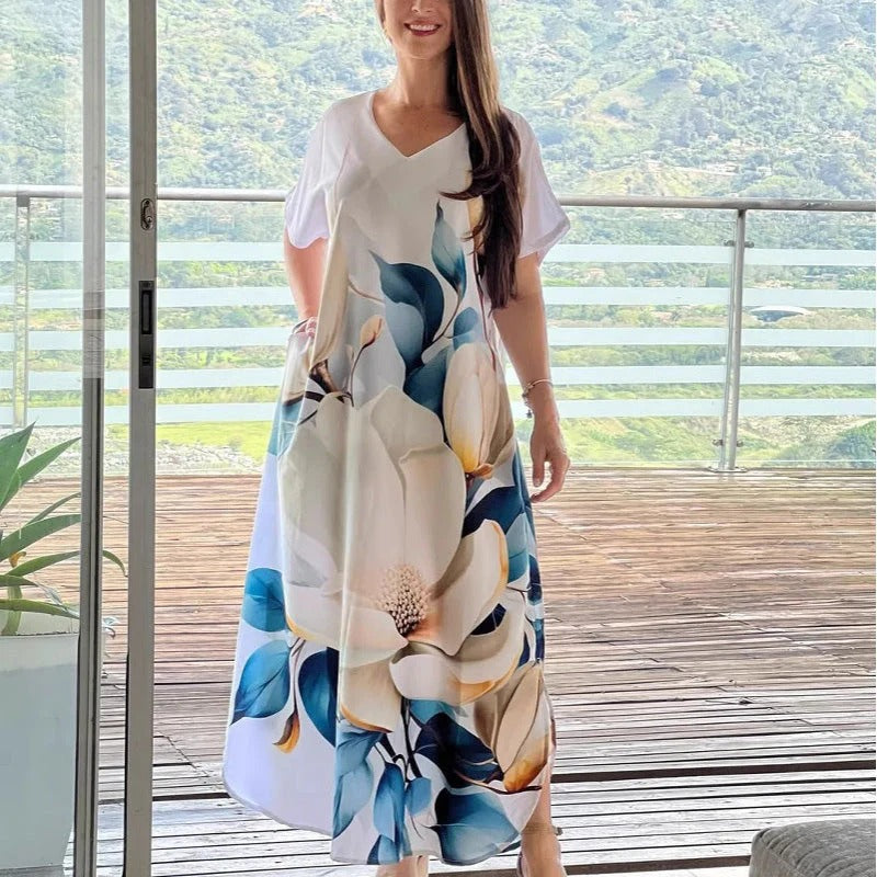 Women's Loose Casual V-neck Printed Short Sleeve Dresses