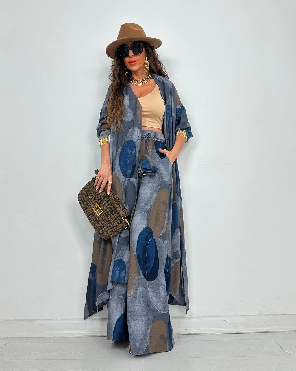 Elegant Print Button Longline Top Wide Leg Pants Set