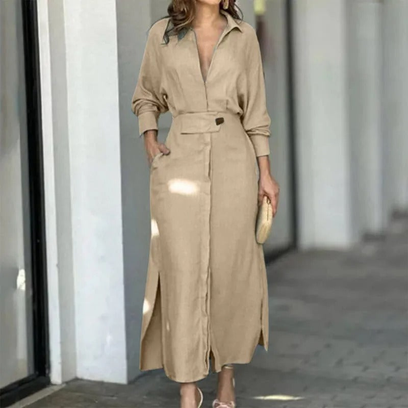 Cotton and linen solid color maxi dress