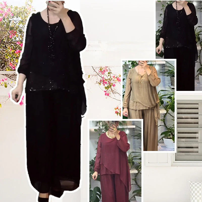 Elegant Sequin Blouse & Wide-Leg Pants Two-Piece Set