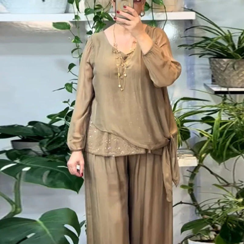 Elegant Sequin Blouse & Wide-Leg Pants Two-Piece Set