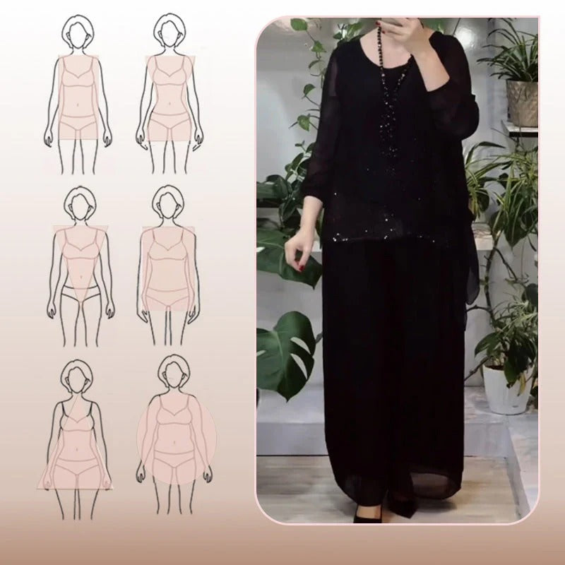 Elegant Sequin Blouse & Wide-Leg Pants Two-Piece Set