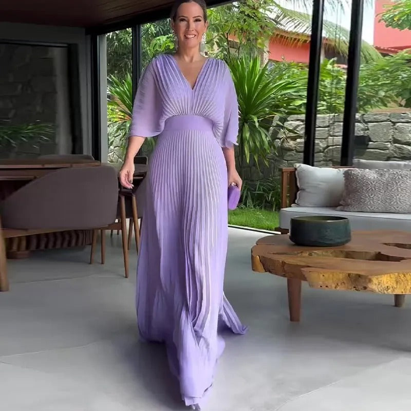 Pleated Sleeve Waist-Cinching Dress