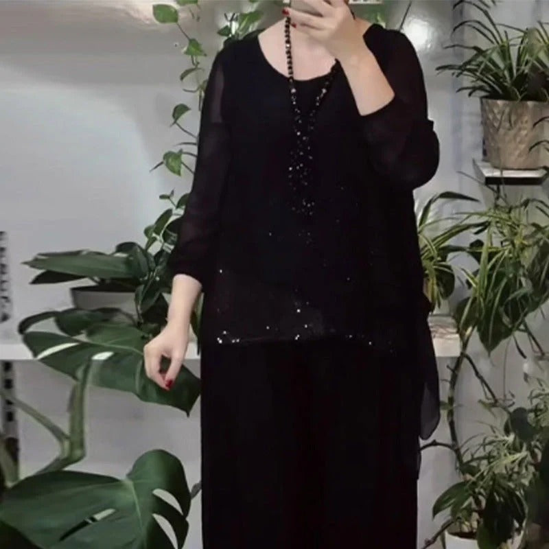 Elegant Sequin Blouse & Wide-Leg Pants Two-Piece Set