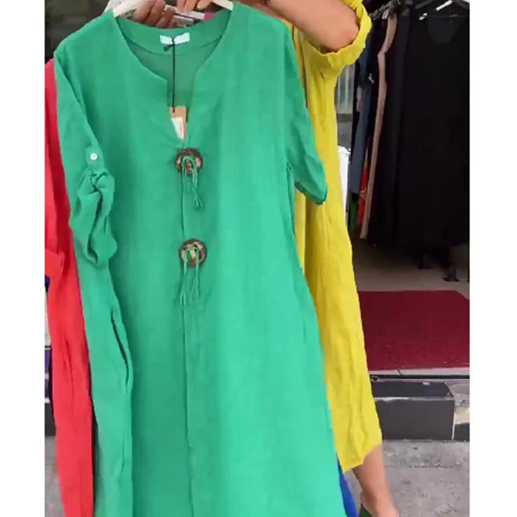 Casual V-neck Cotton and Linen Dress