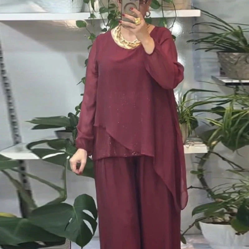Elegant Sequin Blouse & Wide-Leg Pants Two-Piece Set
